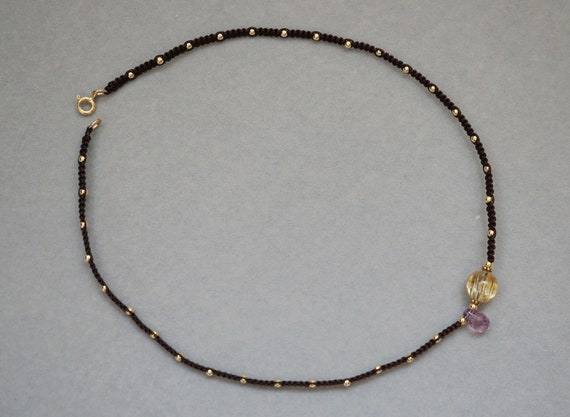 Natural Rutilated Quartz Necklace, Braided Gold Bead Necklace, Brown String Necklace, Braided Choker Necklace, 15 inch