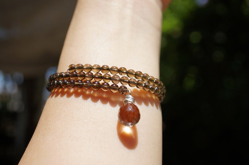 Smooth Smoky Quartz 2 Strand Memory Wire Bracelet Bangle with Tiny Charms 4mm For Her
