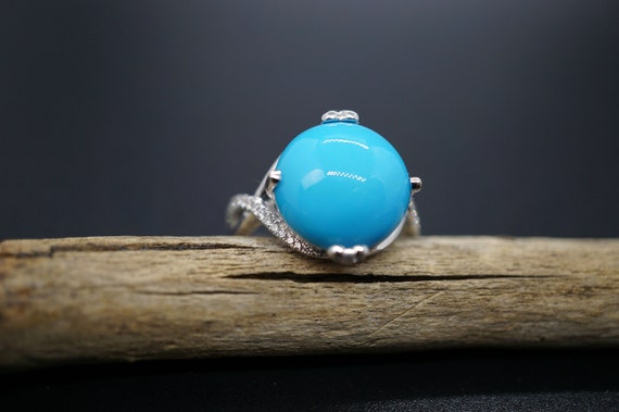18K White Gold Ring, Turquoise Ring, Diamond Ring, Cabochon Sleeping Beauty Ring, US Size 6 3/4