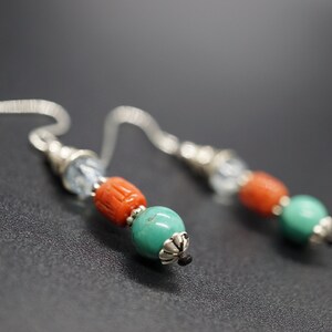 Coral Silver Earring, Aquamarine Dangle Earring, Turquoise Drop Earrings, Silver Hook Earring