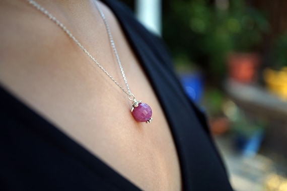 Faceted Ruby Pendant in Sterling Silver With Adjustable Silver Chain Jewelry Charm 9mm gift For Her