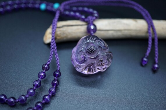 Natural Ametrine Pendant, Carved Ametrine Charm, Adjustable Amethyst Bead Necklace, Ruyi Quartz Pendant