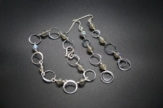 Blue Flash Labradorite, Sterling Silver Charm Bracelet,  Silver Circle Charm Bracelet, Labradorite Jewelry Sets