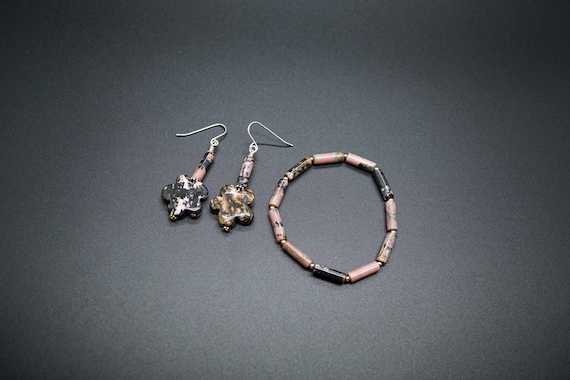 Natural Rhodonite Bracelet, Silver Hook Dangle Earrings, Rhodonite Folower Drop Earrings, Jewelry Set