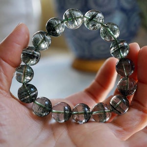 Natural Green Phantom Quartz Bracelet, Round Phantom Bracelet, Green Lace Quartz 13MM