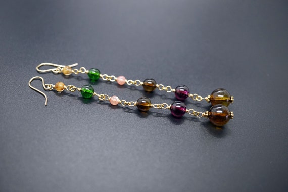 Multigem Dangle Earring, Tourmaline Drop Earring, colorful Earring, Gold Hook Earring