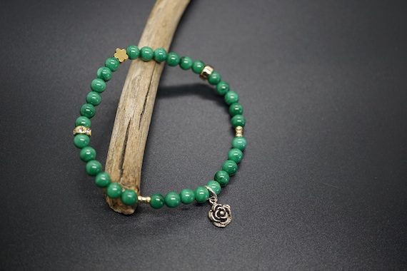 Genuine Malachite Bracelet, 925 Silver Flower Charm, Handmade Green Bracelet