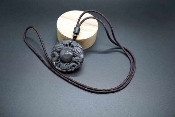 Natural Obsidian Pixiu Pendant, Round Obsidian Pi Yao, Brown Cord Long Necklace