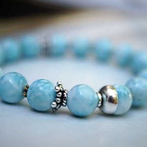 Natural Larimar Bracelet, Light Blue Bead Bracelet, Sterling Silver Bracelet, Stretch Bead Bracelet, 8.3mm