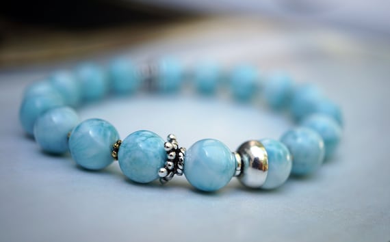 Natural Larimar Bracelet, Light Blue Bead Bracelet, Sterling Silver Bracelet, Stretch Bead Bracelet, 8.3mm