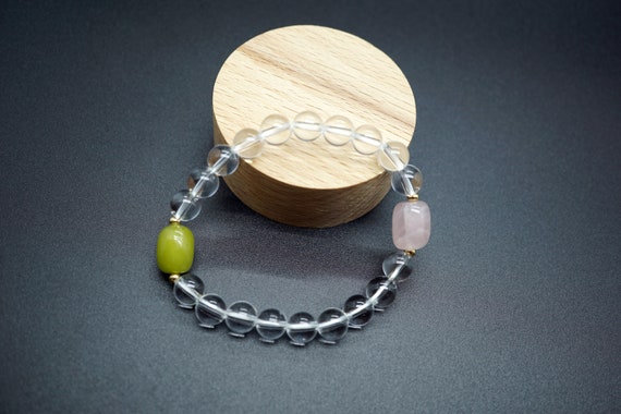 Natural Clear Quartz Bracelet, Rock Crystal Bracelet, Smooth Round Stretch Bracelet, Rose Quartz Nugget Charm, 8mm