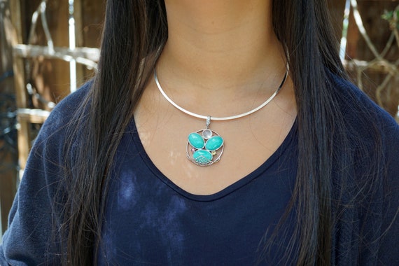 Amazonite Statement Pendant, Oval Amazonite Big Pendant, Silver Round Pendant, Silver Neck Ring