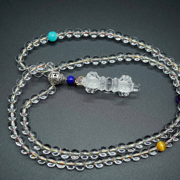 Natural Clear Quartz Vajra Dorje Pendant, Crystal Quartz Amulet Dorje Pendant Necklace, 108 Prayer Bead Necklace