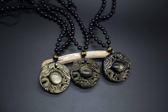 Golden Obsidian Pixiu Pendant, Round Obsidian Pi Yao, Black Bead Necklace, Adjustable Necklace
