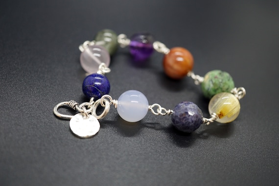 Sterling Silver Bracelet, Multi-Gemstone Bracelet, Rutilated Quartz Bracelet, Sapphire Bead Bracelet, Bead Linked Bracelet