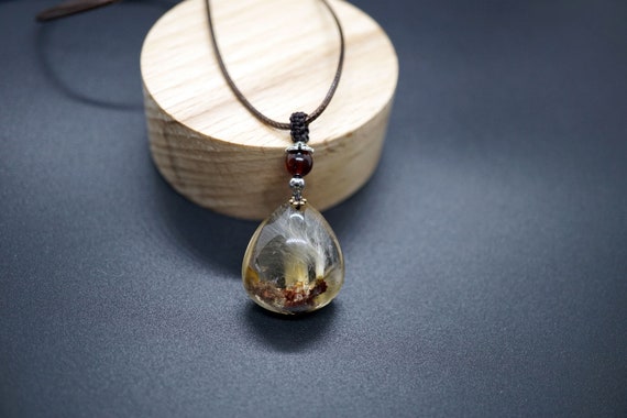 Natural Rutilated Quartz Pendant, Teardrop Quartz Charm, Adjustable Cord Necklace
