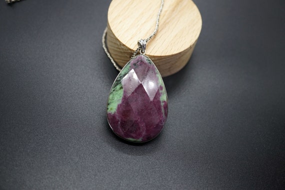 Natural Ruby in Zoisite Pendant, Silver Edged Ruby, Faceted Teardrop Pendant,  Bi-color Ruby Pendant