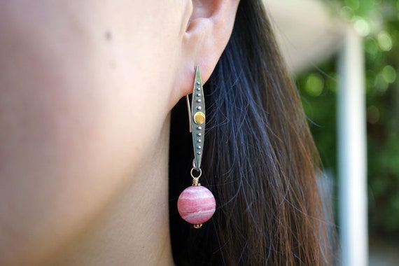 Natural Rhodochrosite Dangle Earrings, Sterling Silver Spike Drop Earrings, Bronze Dot Earring, Gift for Her