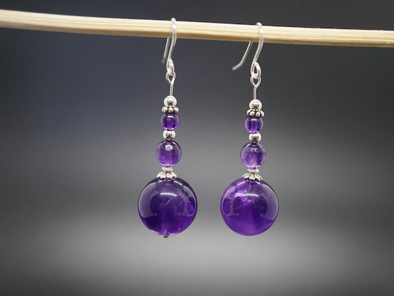 Amethyst Dangle Earring, Sterling Silver Hook Earring, Purple Bead Drop Earrings