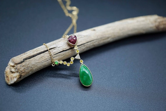 Green Jadeite Charm, Toumaline Diamond Charm Necklace, 18K Solid Gold Necklace, Green Jade Choker