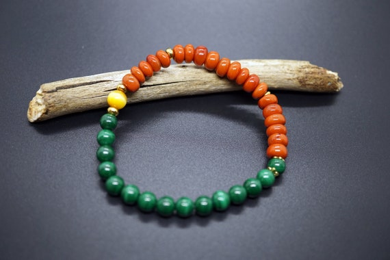 Natural Red Agate Bracelet, Green Malachite Bracelet, Multi-bead Stretch Bracelet, Red and Green Bracelet