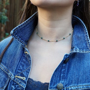 Natural Malachite Necklace, Gold Filled Chain Necklace, Tiny Malachite Necklace, Green Bead Choker