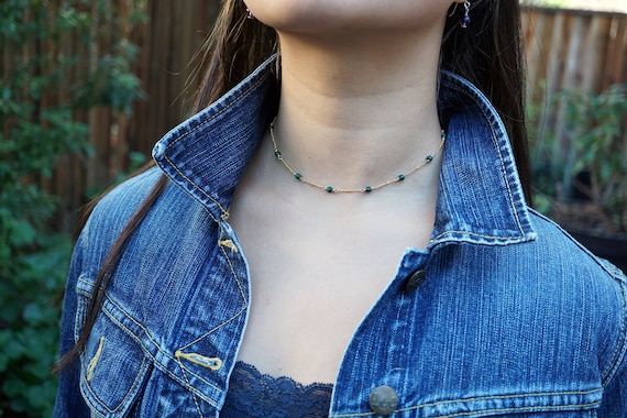 Natural Malachite Necklace, Gold Filled Chain Necklace, Tiny Malachite Necklace, Green Bead Choker