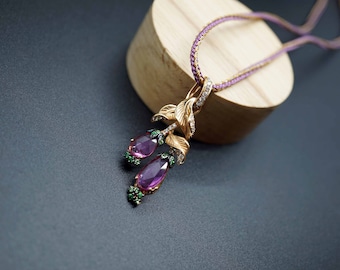 Pink Sapphire Leaf Pendant: 18K Rose Gold Diamond Tsavorite Charm