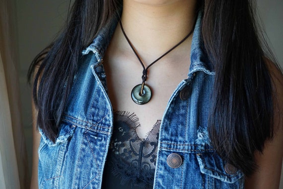 Donut Obsidian Pendant, Adjustable Cord Necklace, Double Side Wear, Golden Obsidian Pendant