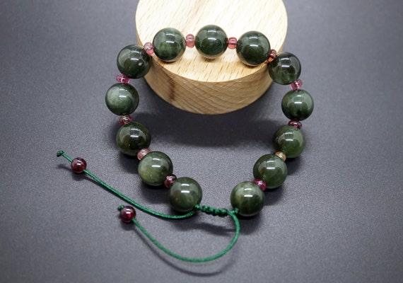 Genuine Green Rutilated Quartz, Rutilate Quartz Bracelet 11.7mm Red Tourmaline Bead, Adjustable Bracelet