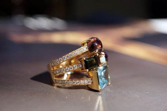 Multigemstone Ring, 18K Gold Statement Ring, Tourmaline Opal Diamond Ring, US 6 3/4