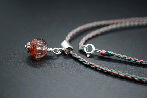 Sterling Silver Strawberry Pendant, Silk Cord Necklace, Teal Cord Necklace, Strawberry Charm Necklace