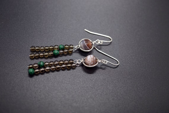 Sterling Silver Dangle Earrings, Smoky Quartz Earring, Botswana agate Drop Earrings