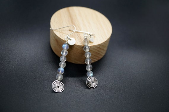Sterling Silver Spiral Dangle Earring, Labradorite Hook Earrings, Blue-gray Labradorite