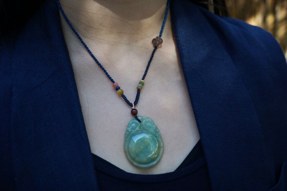 Genuine Jadeite Pendant, Carved Dragon Jade, Handmade Adjustable Necklace, Jade Cord Necklace