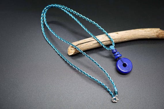 Blue Lapis Pendant, Donut Lapis Charm Necklace, Braided Cord Necklace, Custom Necklace,Blue Charm Necklace