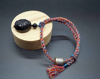 Braided Cord Bracelet, Colorful Red Cord Bracelet, Adjustable Bracelet, Obsidian Toad Charm