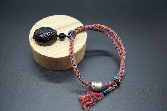 Braided Cord Bracelet, Colorful Red Cord Bracelet, Adjustable Bracelet, Obsidian Toad Charm
