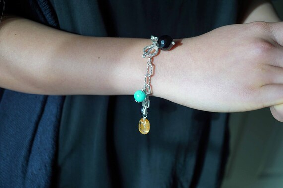 Sterling Silver Twist Chain Bracelet, Toggle Clasp Bracelet, Black Tourmaline Charm Bracelet