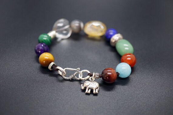 Multi Gemstone Bracelet, Silver Hook Bracelet, Kontted Bracelet, Silver Elephant Charm Bracelet