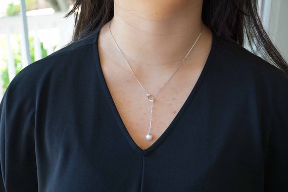 Freshwater Pearl Lariat Necklace, White Pearl Drop Y Necklace, Silver Lariat Chain Necklace