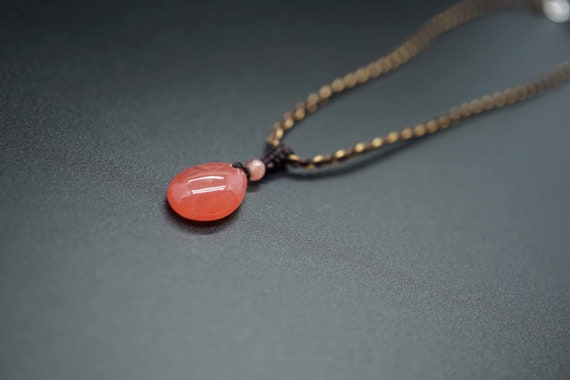 Rhodochrosite Charm Necklace, Teardrop Rhodochrostie, Icy Rhodochrosite Pendant Necklace