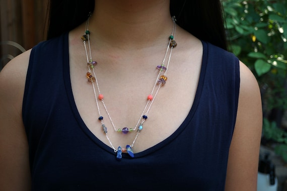 Sterling Silver Chain with Multi-Gem Necklace Combination Colorful 2 Strands Necklace for Her