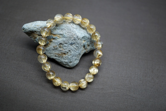 Gold Rutilated Quartz, Natural Rutilated Quartz, Rutilated Quartz Bracelet, Stretch Bracelet, 8.5mm