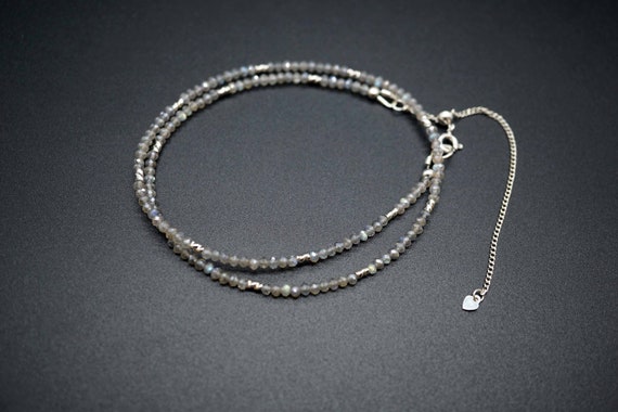 Faceted Labradorite Necklace, Tiny Labradorite Choker, Grey Beaded Necklace, Adjustable Length Necklace, 2.5mm