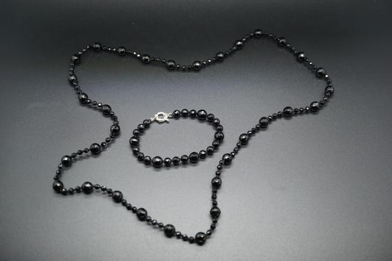 Black Faceted Necklace, Tourmaline Bead Necklace, Knotted Black Bead Long Black 30'', Black Tourmaline Jewelry Set