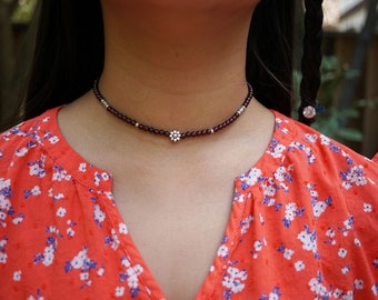 Garnet Beaded Choker, Garnet Silver Necklace, Silver Bead Necklace, Gift for Her 4mm