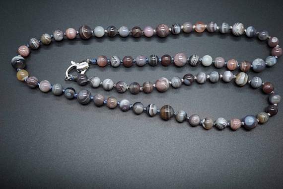 Botswana Agate Necklace, Knotted Beaded Necklace, Natural Botswana Necklace, Long Beaded Necklace, 30.5 inch