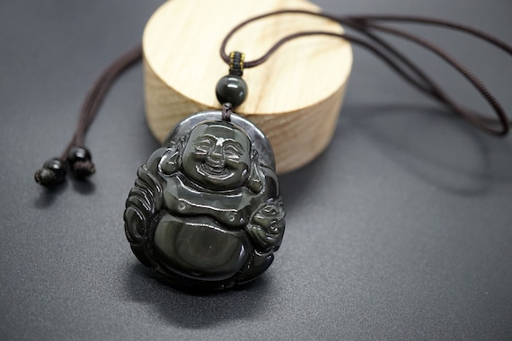 Obsidian Buddha Pendant Obsidian Amulet Pendant Obsidian Laughing Buddha 40*35mm