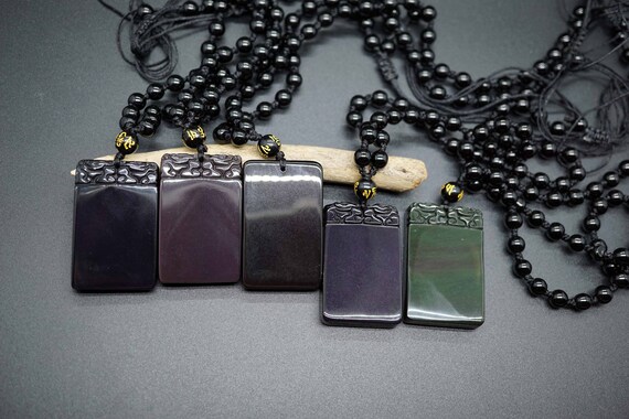 Natural Obsidian Pixiu Pendant, Rectangle Obsidian Pendant, Beaded Necklace with Plain Obsidian Pendant